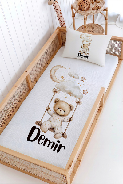 Lilabio %100 Pamuk İsme Özel Montessori Yatak Pike Seti 100x200 Sallanan Ayıcık