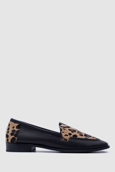 TOGO Leopar Desenli Hakiki Deri Kadın Loafer Ayakkabı [060110]