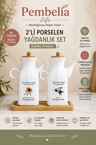 Pembelia Life Etiketli Bambu Standlı 2'li Kare Porselen 1000ml Yağlık Sirkeli...