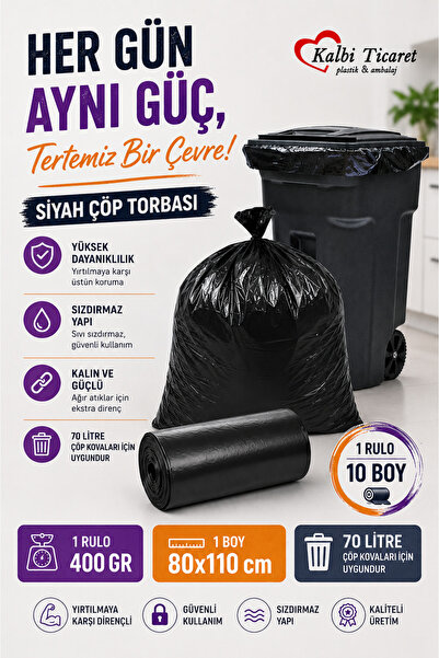 Kalbi Ticaret Kalın Çöp Torbası 10'lu Boy 400 gr X 1 Rulo Siyah Çöp Poşeti 80...