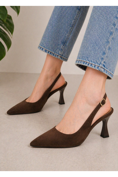oliviashoes KADIN KAHVE SÜET İNCE 9CM TOPUKLU YANDAN TOKALI SİVRİ BURUN AYAKKABI
