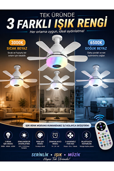 Goes Bluetooth Müzikli Akıllı RGB Renkli LED Işık Sessiz Motor Gece Modlu 6 Kanat Tavan Vantilatörü