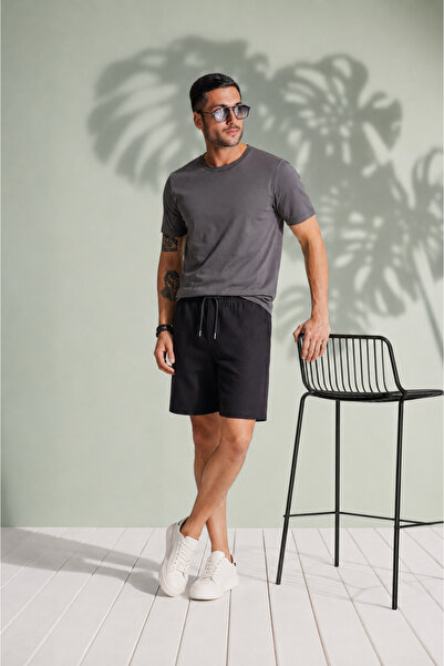 BRACCAS Erkek Yandan Cepli Beli Lastikli Keten Dokulu Relaxed Fit Jogger Şort...