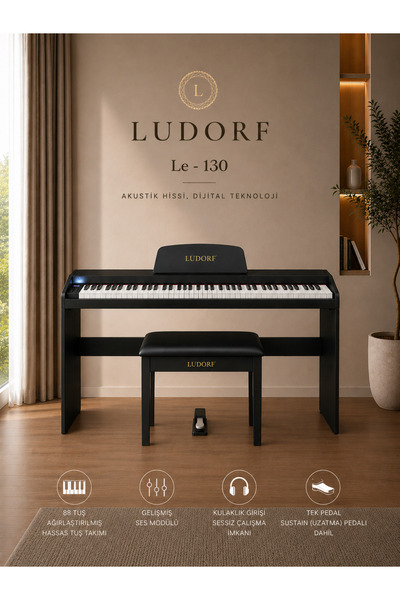 Ludorf Le130 Ahşap Piyano 88 Tuşlu Tuş Hassasiyetli Tabure Hediye