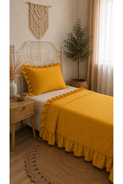 Decamor home Ruffled Mustard Yellow Bedspread Set Single Size