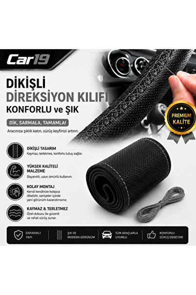 Car19 Dikmeli Deri Direksiyon Kılıfı Noktalı Gri Dikişli
