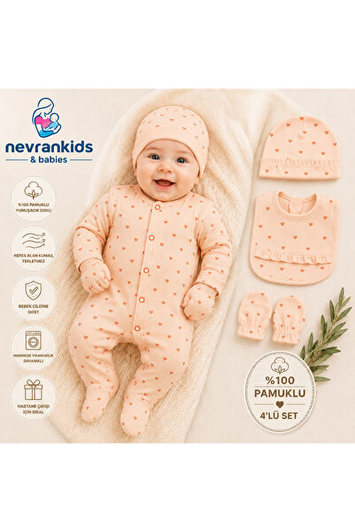 nevrankids Kız Bebek Kalpli 4'lü Tulum Set