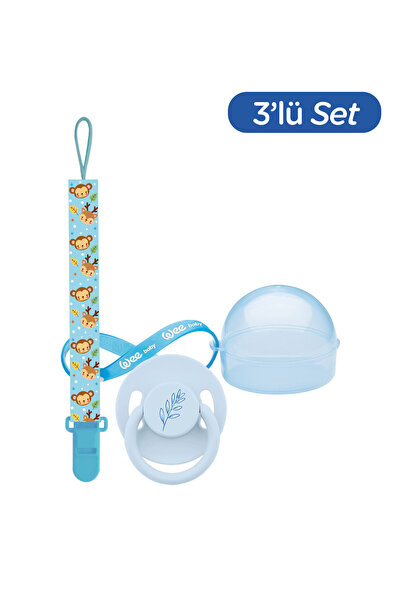 Wee Baby Pure Yuvarlak Uçlu Kauçuk Emzik (Kutu ve Band Seti) 6-18 Ay Mavi