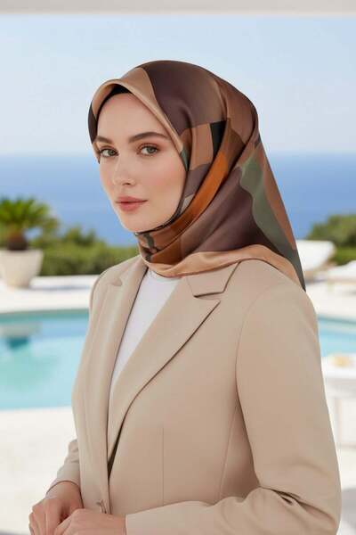 Vissona % 57 İPEK % 43 VİSKON Twill İpek Geometrik Desenli Bej - Haki Renkli ...