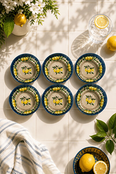 Sarkap Home 10 cm Çap, 3.2 cm Yükseklik 6'lı Lemon Design Lacivert Dondurmalı...