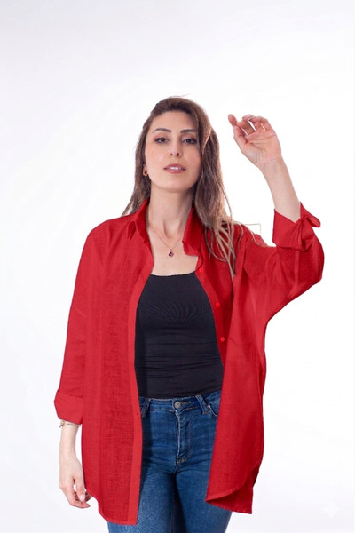 Justime Kadın Oversize Pamuk Keten Kırmızı Gömlek ( 100% Flamlı )
