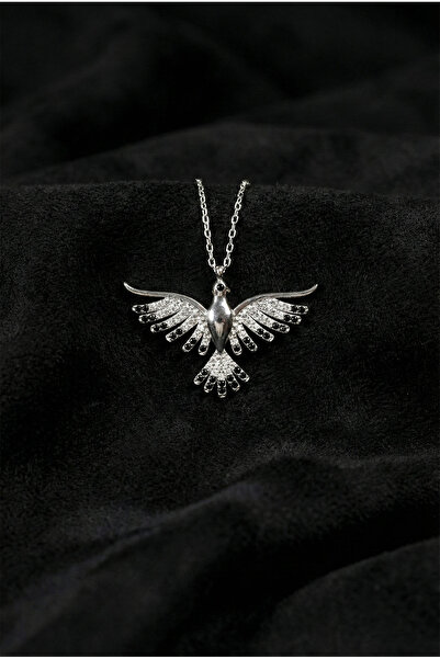 Roza Silver 925 Ayar Oniks Taşlı Rodyum Anka Kuşu Gümüş Kolye