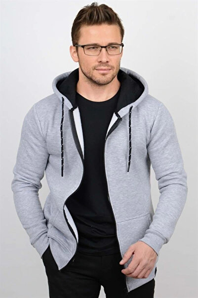 Edwox Üç Iplik Şardonlu Pamuklu Fermuarlı Kapüşonlu Sweatshirt Hırka Gri Czn03