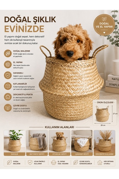 Keyfi Sepet Natural Katlanabilir Hasır Sepet / Saksılık 30x28