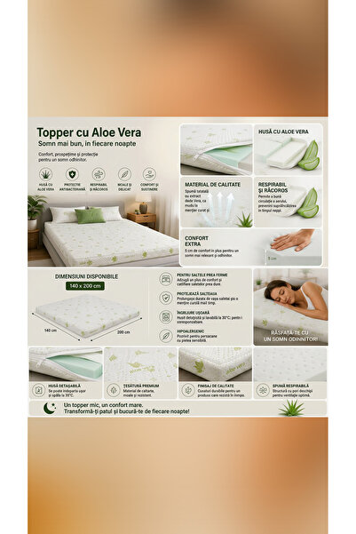 Extramall Topper Saltea 140x200 cm Aloe Vera, Confort Extra, Husă Antibacteri...