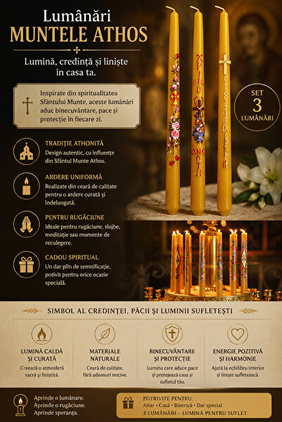 Extramall Set 3 Lumânări „Muntele Athos” – Lumină Sacră și Tradiție Ortodoxă