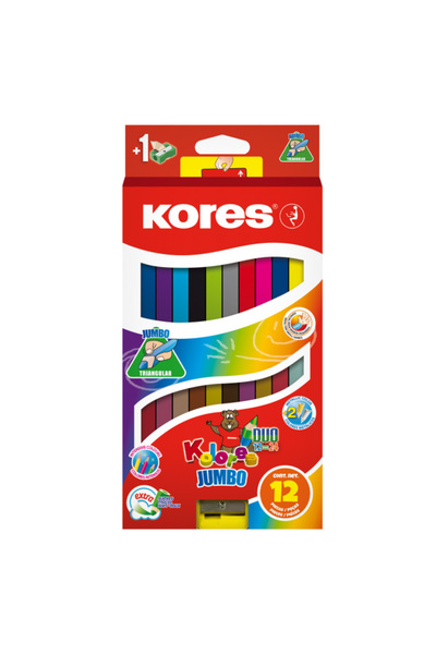 kores Creioane colorate 12 culori + ascuțitoare triunghiulară Jumbo