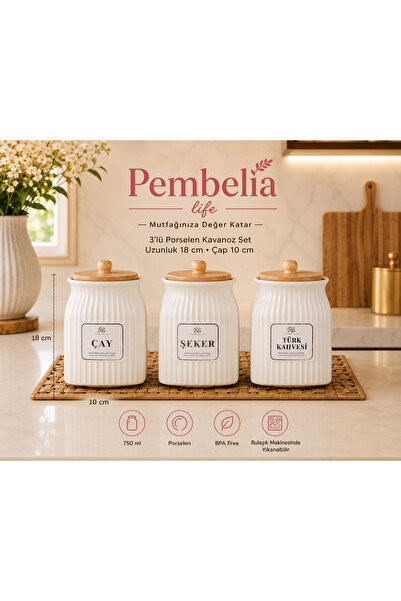 Kitchen Pembelia 3’lü Bambu Kapaklı Porselen 750 ml Çay Şeker Türk Kahve Sakl...