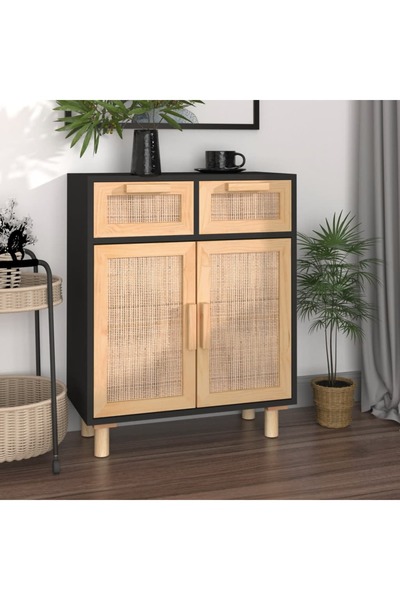 Concept Servantă, negru, 60x30x75 cm, lemn masiv pin și ratan