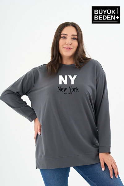 Süperlife Women's Tunic Large Size Ny Newyork Printed Thin Sweatshirt Spr26Bt...