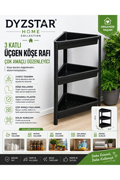 DYZSTAR Home 3 Katlı Üçgen Köşe Rafı Çok Amaçlı Plastik Düzenleyici Siyah
