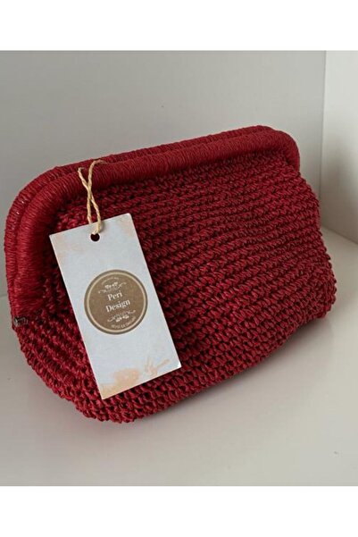 PeriStore Kırmızı Hasır Portföy Çanta El Örmesi 20x25cm