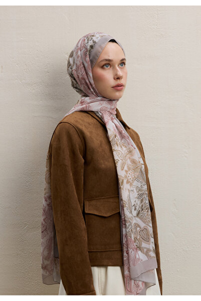 Freshscarfs Meva Desen İpek Krep Şal Vizon