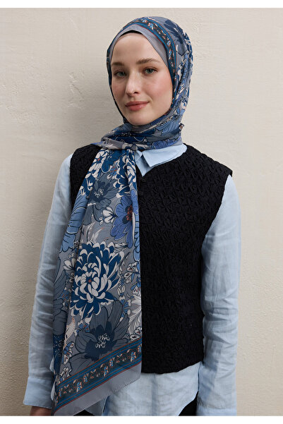 Freshscarfs DAHLIA DESEN İPEK ŞİFON ŞAL İNDİGO