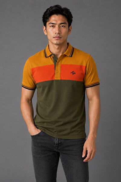 Mesh %100 Pamuk Erkek Polo Yaka Haki T-shirt, Renkli Çizgili Yaka Kısa Kollu ...