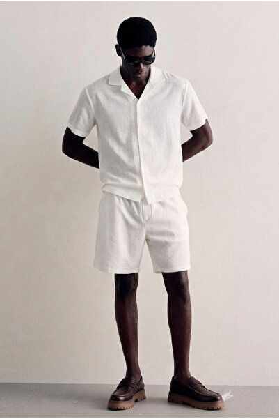 DAMGA JEANS Men's Summer Linen Shirt Elastic Waist Shorts White Two-Piece Set