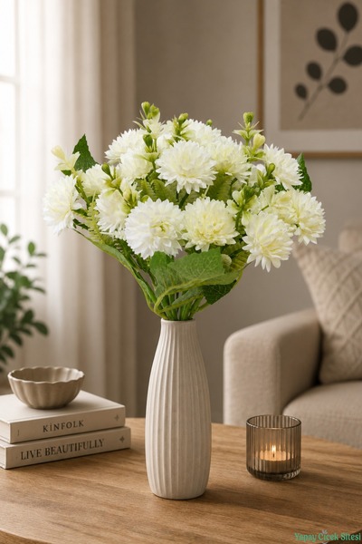 Yapay Çiçek Sitesi Artificial Chrysanthemum with Buds 26cm Off-White
