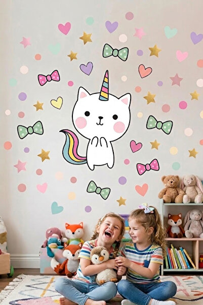 Kt Grup Sevimli Kedi Unicorn Kız Çocuk Odası Duvar Sticker Seti