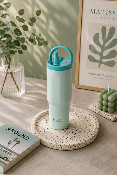 H2O Termos Kupa Bardak Pipetli Paslanmaz Çelik Taşıma Kulplu 960 ml | Mavi
