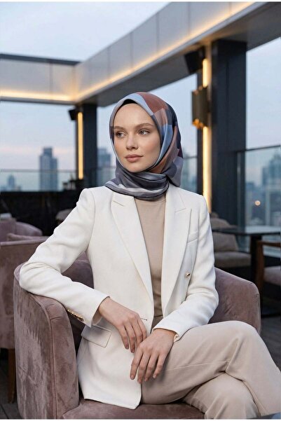 Vissona % 57 İPEK % 43 VİSKON Twill İpek Geometrik Desenli Gri - Bebe Mavisi ...