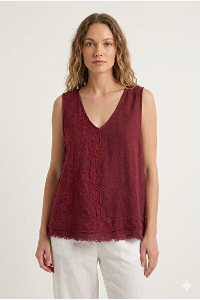 della moor Italian Burgundy Floral Embroidered Zero Sleeve Linen Blouse 40 - ...
