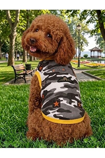 Peti Tailor Köpek Tişörtü Kamuflaj Desenli Penye Likralı Sarı Detaylı Kedi Kö...