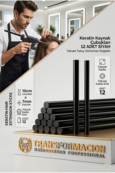 Transformacion Professional Saç Kaynak Keratin Çubuğu, 12 Adet Siyah Güçlü Ya...