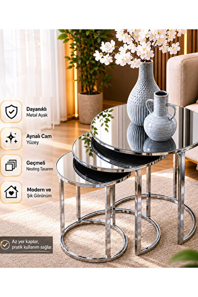 SEDAŞ LIVING UNITS Füme Aynalı Gümüş(Gri,Nikel) Ayak Metal ayaklı ZİGON SEHPA...