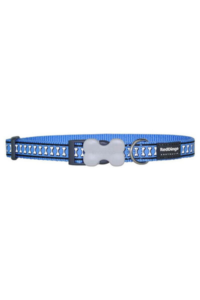 RedDingo Reflektörlü Kemik Desenli Mavi Köpek Boyun Tasması Small 15 Mm 24-36 Cm