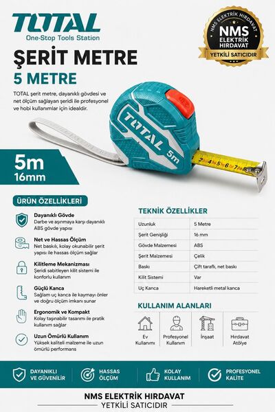 TOTAL 3 Metre Ve 5 Metre 19 Mm Şerit Metre Fren Mekanizmalı Yüksek Kalite Nms...
