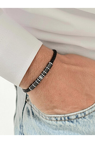 FERRO Silver & Black Steel & Leather Men's Bracelet Frj10152A-J with 2 Year W...