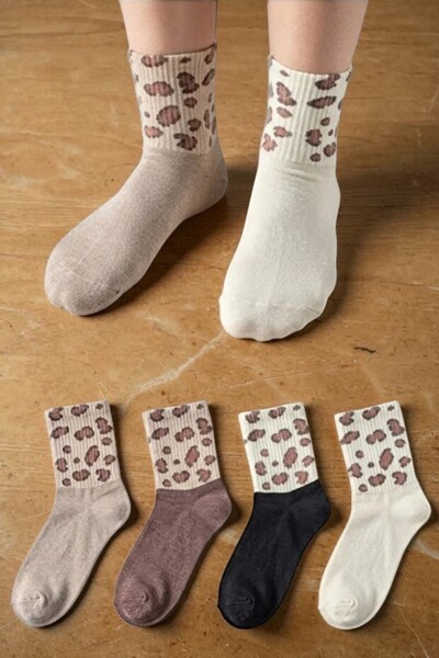 Esinti 4 Pairs of Women's Leopard Patterned Cotton College Socks - Anti-Sweat...
