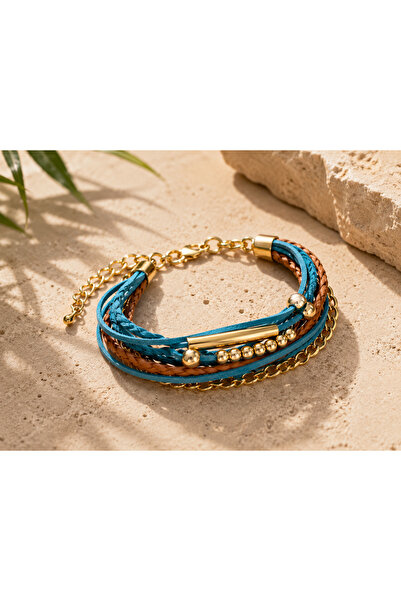Kutcha Accessories Mavi Süet Ve Gold Çoklu Kadın Bileklik