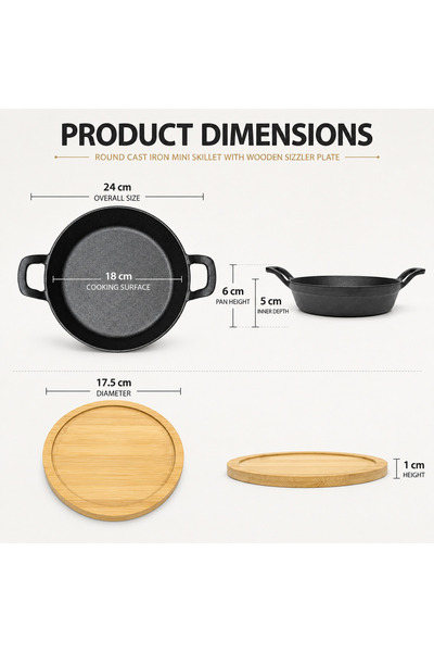 Blackstone Cast Iron Mini Round Skillet with Wooden Sizzler Plate, 18cm - Perfect for Sizzling and Grilling