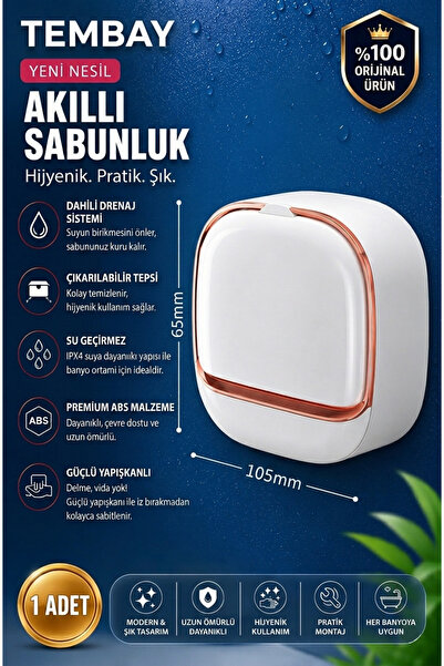 TEMBAY Beyaz Yapışkanlı Modern Sabunluk Kapaklı Kendinden Boşaltmalı Su Tutma...