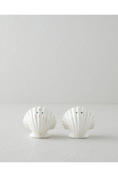 English Home Seashell Stoneware 2'li Tuzluk - Biberlik 8x5x7 cm Beyaz