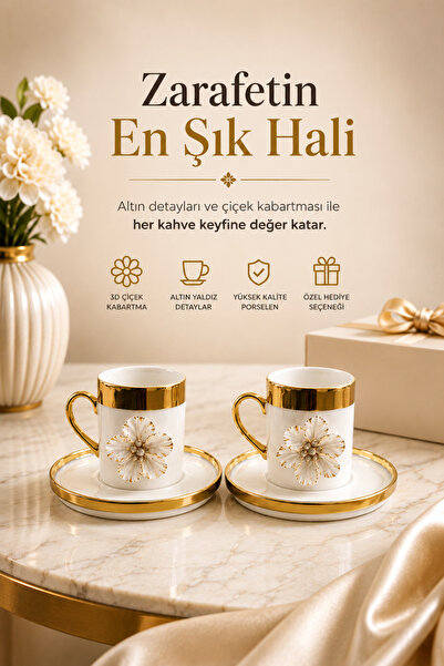 YzHome 2 Li Gold Yaldızlı Porselen Lotus Çiçek Kahve Fincan Takımı 100ml