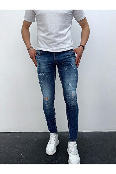 HerTon Pantaloni skinny din lycra, slim fit, cu detaliu rupt și finisaj albas...