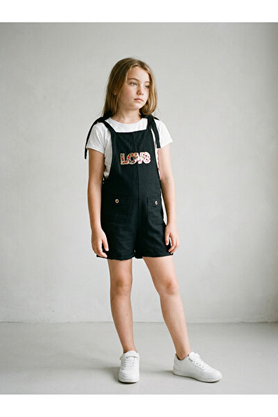 FemiChic LUI Kids Kız Çocuk Premium Pamuk Dokuma (Cotton) Salopet - Siyah