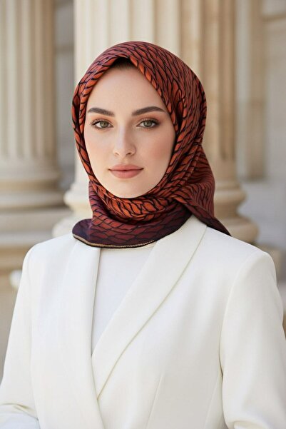 Vissona %100 Twill İpek File Desenli Taba - Siyah Renkli 90x90 Eşarp Dikim Şe...